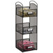 A black wire mesh Safco breakroom organizer with three sections.
