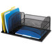 A black metal Safco mesh desktop organizer with six sections holding blue and yellow folders.