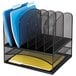 A black metal Safco mesh desktop organizer with several sections holding folders.