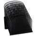 A black mesh Safco tiered desk organizer with eight sections.