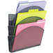 A Safco Onyx black wire mesh organizer with three file pockets holding several different colored file folders.