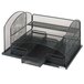 A black wire mesh Safco desktop organizer with six compartments.