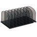 A black metal Safco mesh desktop organizer with eight sections.