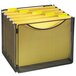 A black mesh steel file storage box with yellow file folders inside.