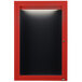 A red cabinet with a black door.