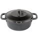 A Lodge black cast iron Dutch oven with a lid and handles.