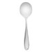 A Oneida Scroll stainless steel bouillon spoon with a white handle.