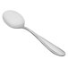 A Oneida stainless steel bouillon spoon with a white surface on a white background.
