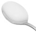 A Oneida stainless steel bouillon spoon with a white handle.