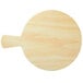 A round faux birch wood melamine display board with a handle and foot.