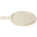 A white round melamine display board with a handle.