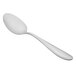 An Oneida Scroll stainless steel dessert spoon with a white background.