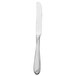 A silver dinner knife with a white background.