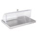 A Vollrath stainless steel cooling plate with clear lid on a counter.