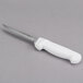A Dexter-Russell narrow stiff boning knife with a white handle.