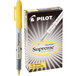 A box of 12 Pilot Spotliter Supreme yellow highlighters with a yellow highlighter on top.