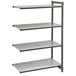 A grey metal Cambro Camshelving Basics Plus 4-shelf unit.