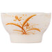 A white melamine bowl with orange flower designs.