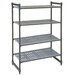 A grey metal Cambro Camshelving® Basics Plus stationary shelf unit with four shelves.