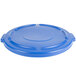 A blue plastic lid for a Rubbermaid Brute container.