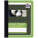A green composition notebook with a close-up of a panda's face on the cover.