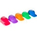 A row of colorful plastic baseball cap bowls in blue, green, and other colors.