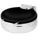 A black and silver round metal Eastern Tabletop Jazz Rock chafer with a black lid.