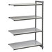 A grey metal Cambro Camshelving Basics Plus Add On unit with four shelves.