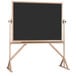 A black board on a stand with a wooden frame.