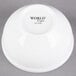 A white Libbey Alpine porcelain bouillon bowl with black text reading "World" on it.