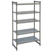 A grey metal shelving unit with four shelves.