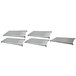 A grey rectangular metal shelf with white vented and solid shelves.