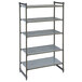 A grey metal shelving unit with 4 vented shelves and 1 solid shelf.