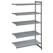 A Cambro Camshelving Basics Plus add on unit with 4 vented and 1 solid shelf. A grey plastic grate with holes.