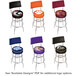 A black and silver restaurant bar stool with a blue cushion and University of South Carolina logo on the back and seat.