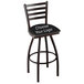 A black Holland Bar Stool with a padded black seat and a ladder back with a logo on it.