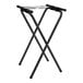 A black folding metal double bar tray stand with two legs.