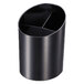A black cylindrical Officemate pencil cup with a divider.