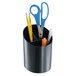 A black pencil cup with pens and pencils and a pair of scissors inside.