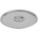 A Vollrath stainless steel stock pot lid with a handle and a circular hole.