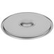 A Vollrath stainless steel stock pot lid with a round handle and circular hole.
