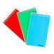 Three Ampad narrow ruled spiral notebooks with red, green, and blue covers.