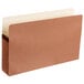 A brown Pendaflex legal size file pocket with white paper inside.