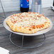 A cheese pizza on a Choice chrome plated steel display stand.