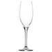 A close-up of a clear Stolzle flute wine glass with a long stem.