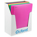 A box of Oxford plastic folders with colorful covers.