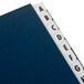 A close up of a dark blue Pendaflex desk file folder with white letters on it.
