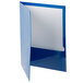 A blue folder with a high gloss laminated white surface.