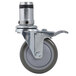 A metal swivel stem caster with a black wheel.
