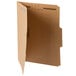 A brown file folder with 2 fasteners and curved edges.